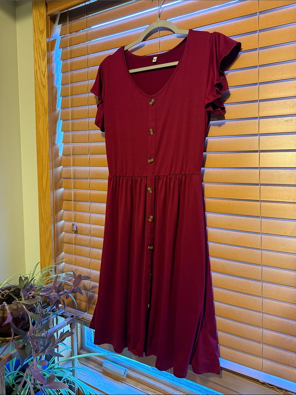 Women's Short Sleeve Button-Front Burgundy Dress